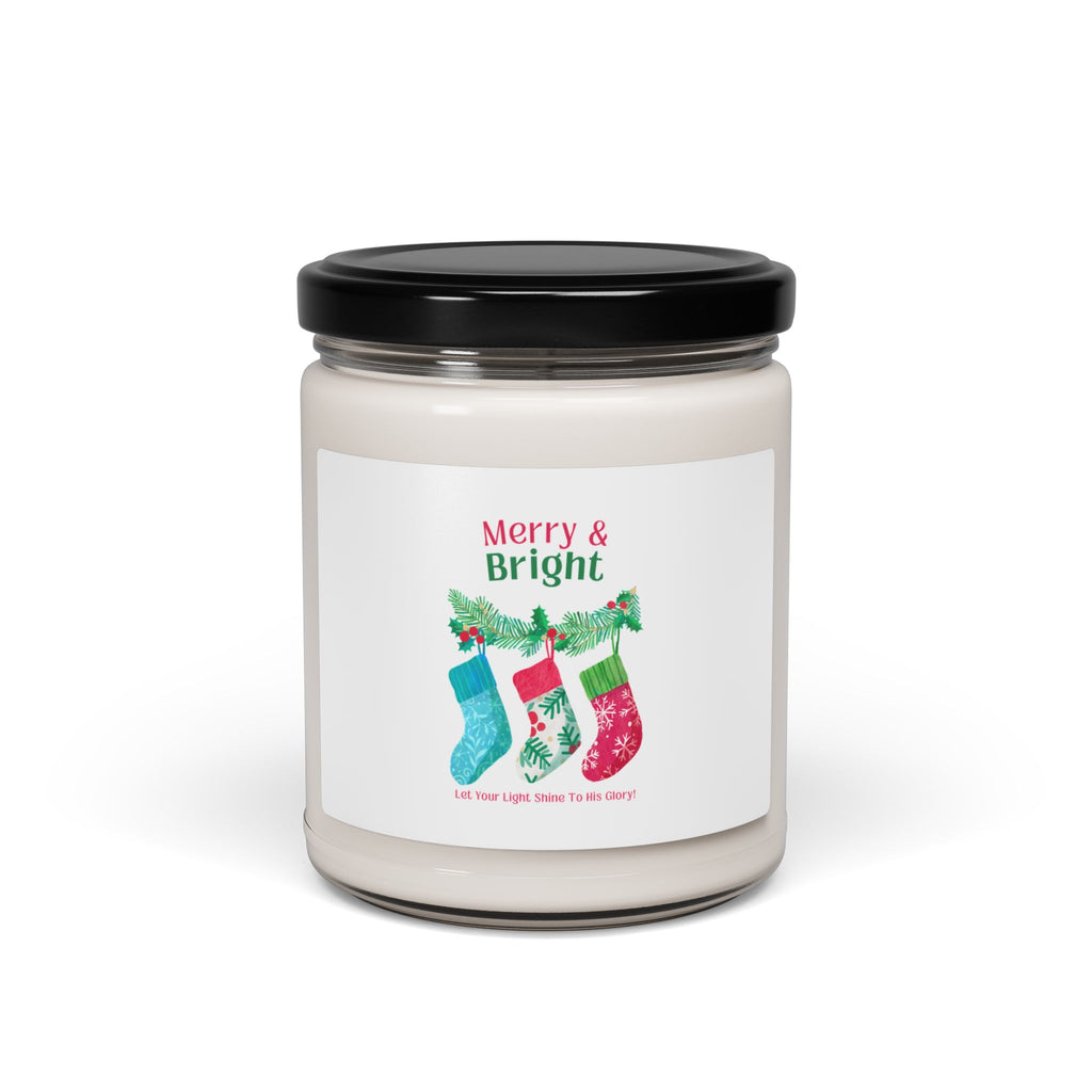Candle jar with a 'Merry & Bright' label featuring Christmas stockings on a white background