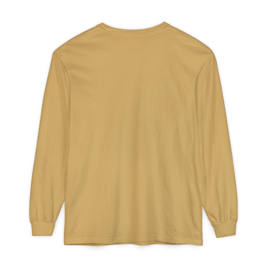 back view of mustard yellow long-sleeve shirt on a white background