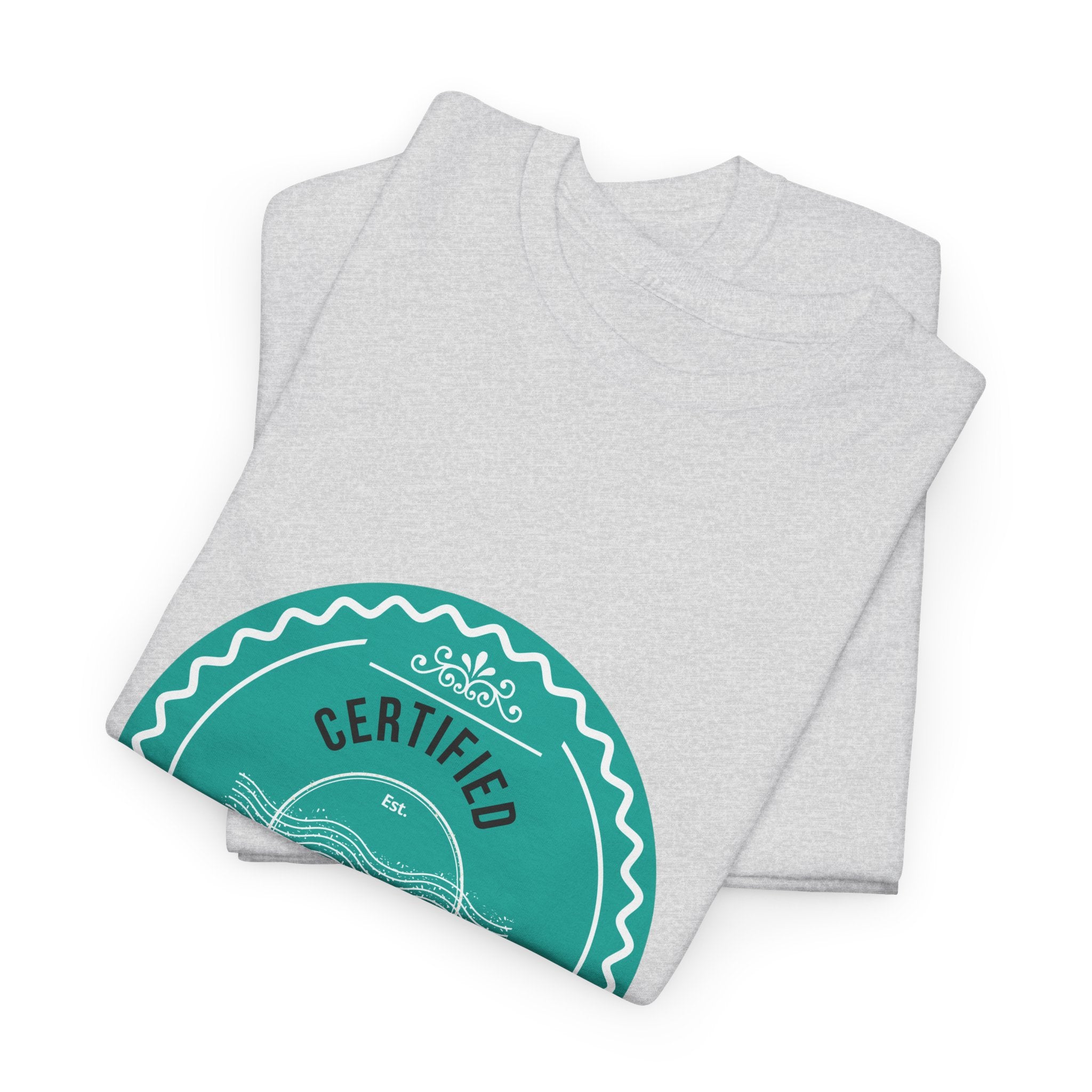 Folded gray sweatshirt with teal 'Certified' label on a white background