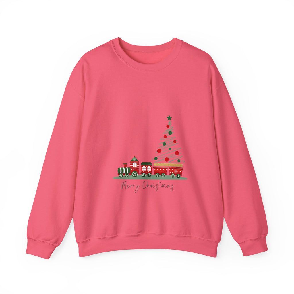 Pink sweatshirt with Christmas tree and train design on a white background