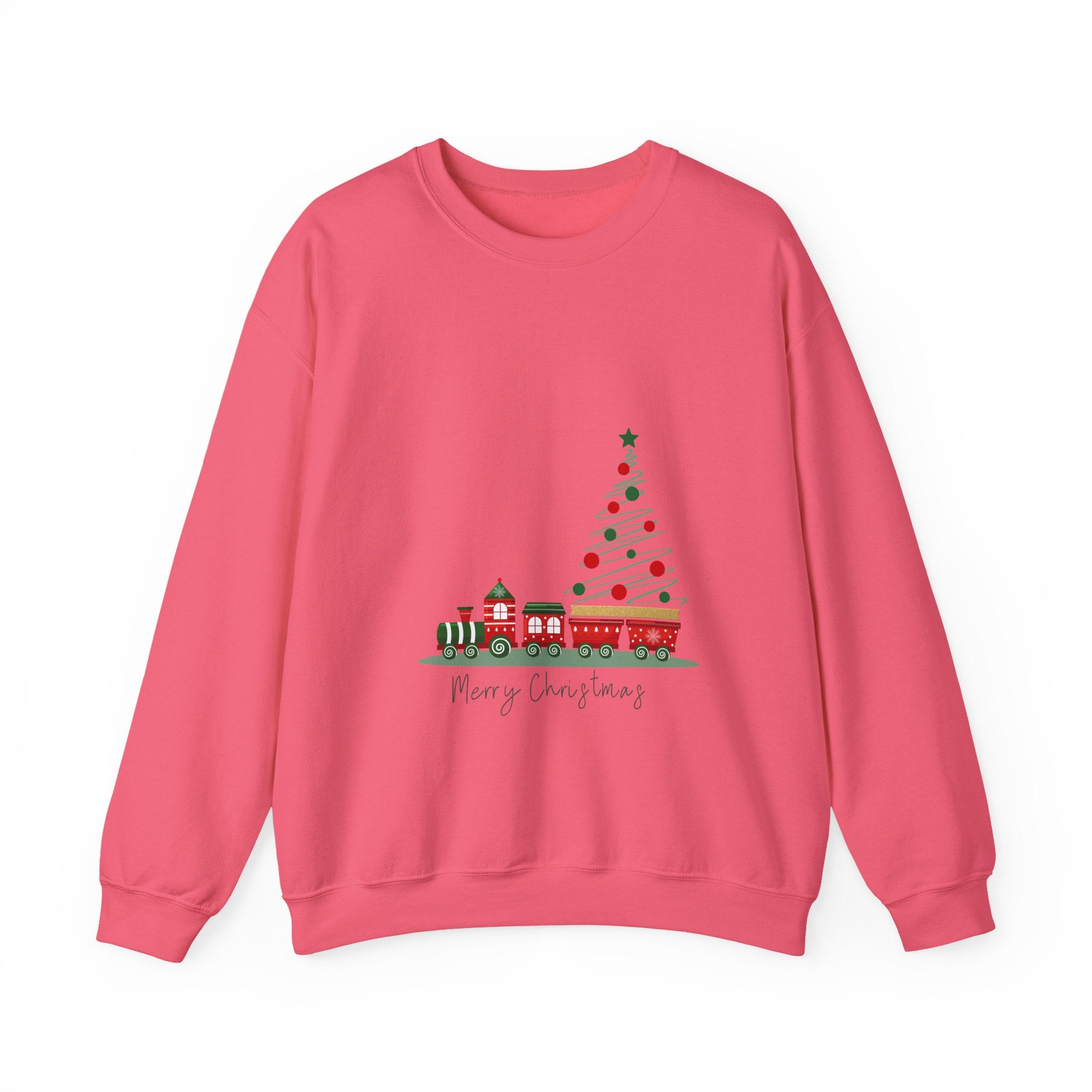 Pink sweatshirt with Christmas tree and train design on a white background