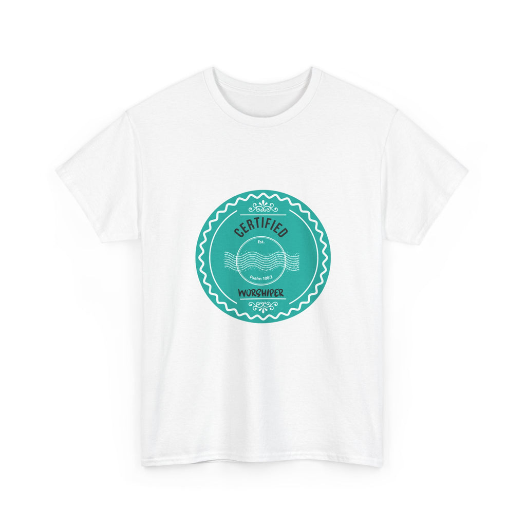 White t-shirt with a teal circular logo on a white background
