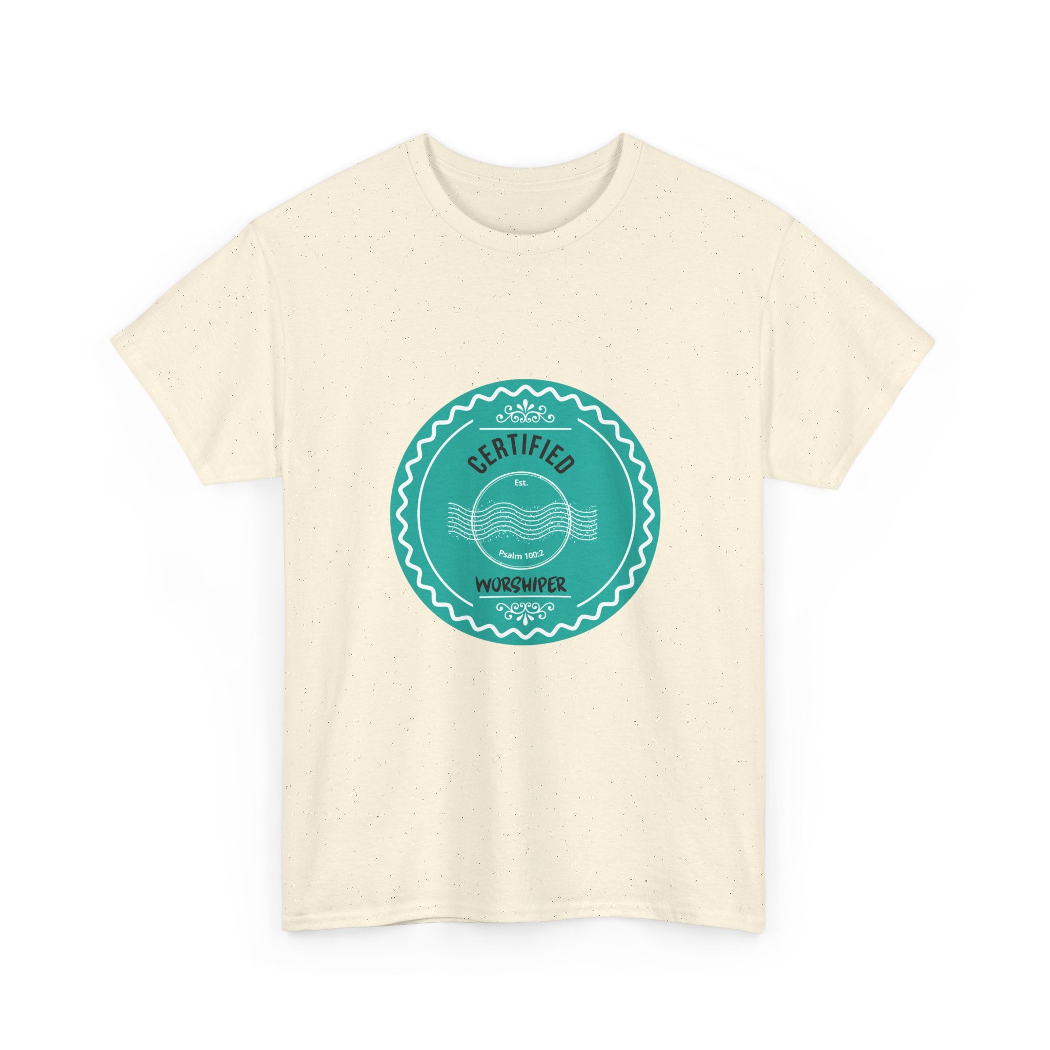 natural t-shirt with a teal circular logo on a white background