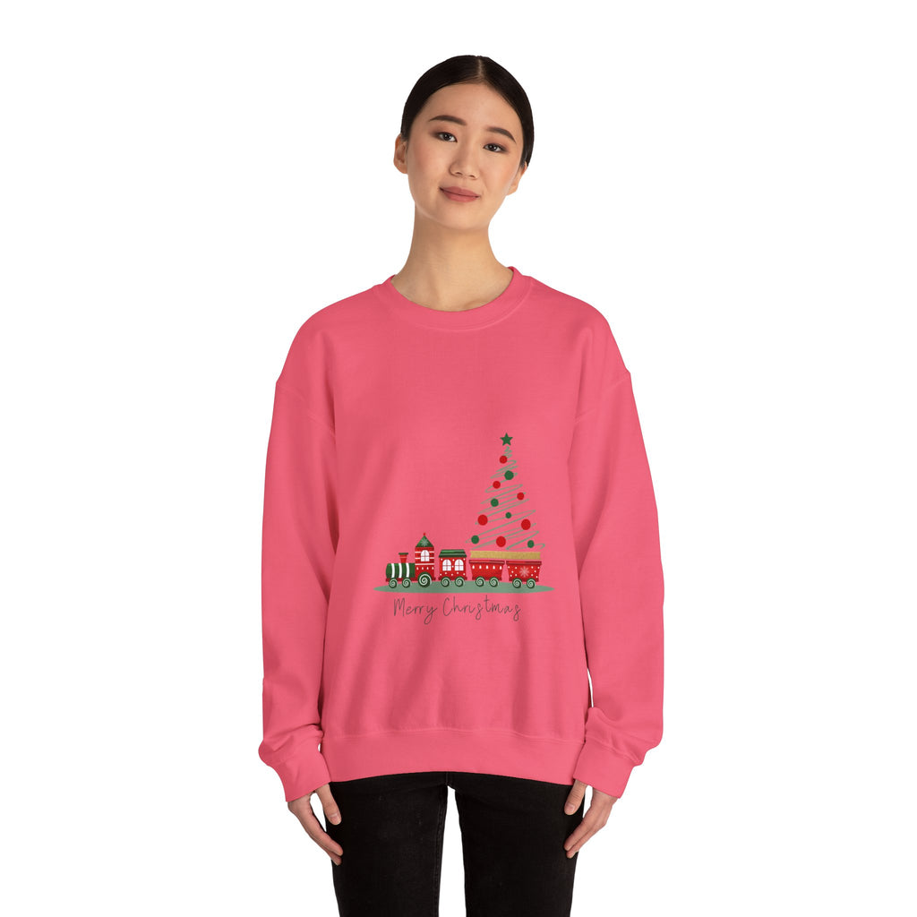 Person wearing a pink sweatshirt with a Christmas-themed design on a white background