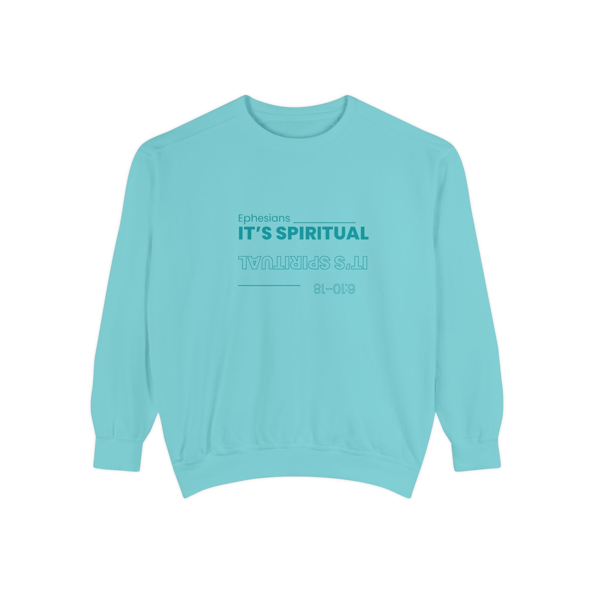 Light blue sweatshirt with text on a white background