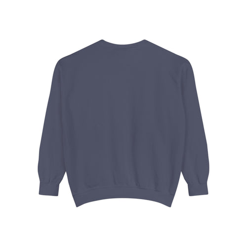back view of a denim blue sweatshirt on a white background