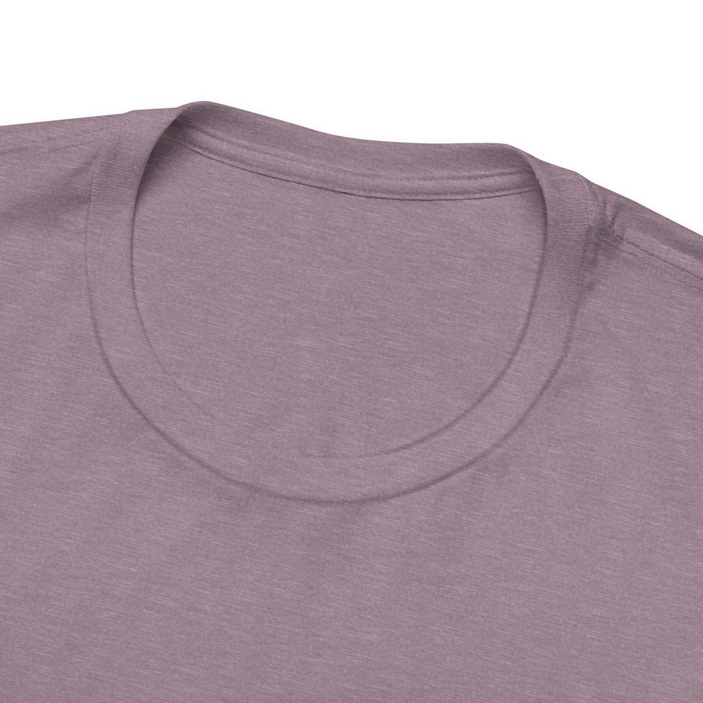 Close-up of a purple t-shirt with a focus on the neckline.