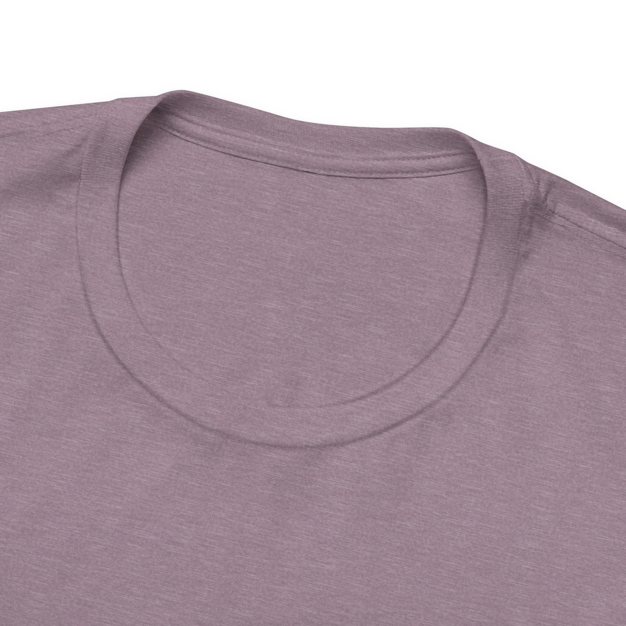 Close-up of a purple t-shirt with a focus on the neckline.