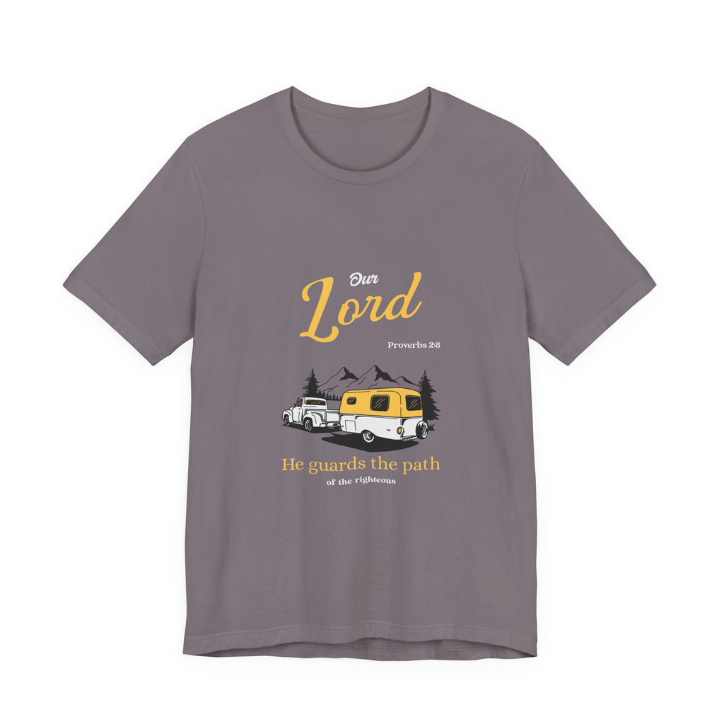 purple t-shirt with a graphic design of a camper and text on a white background