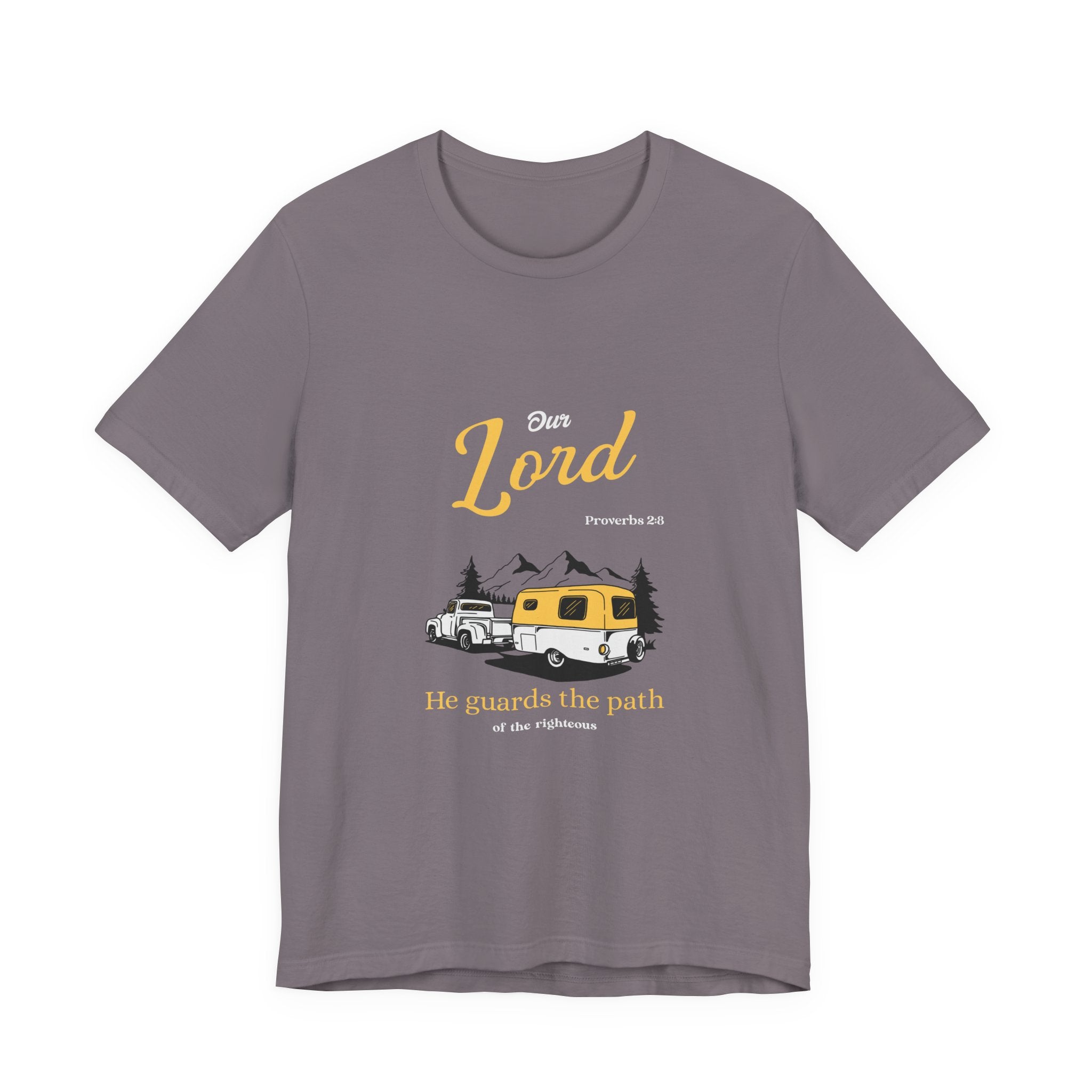 purple t-shirt with a graphic design of a camper and text on a white background