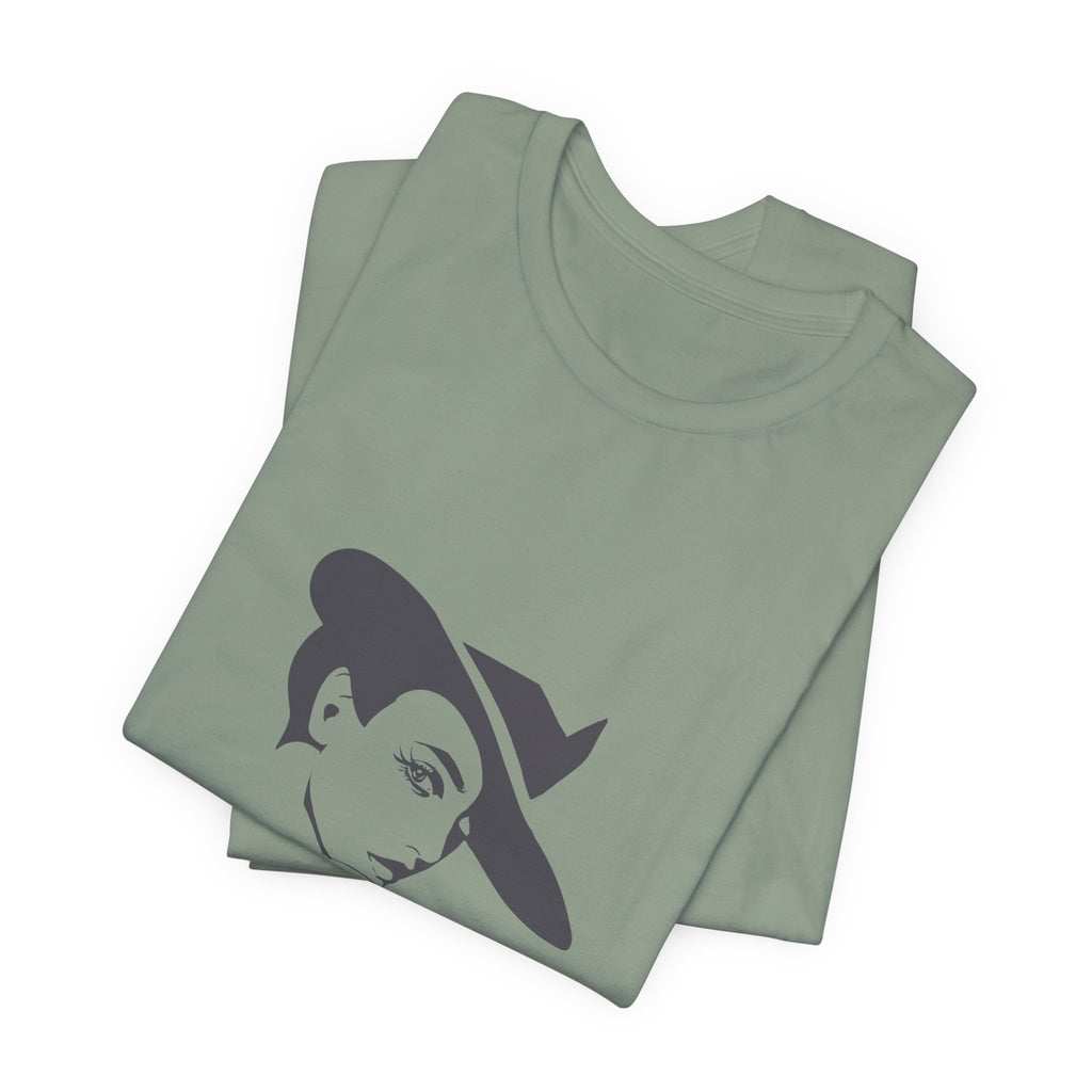 Folded green t-shirt with a graphic design on a white background