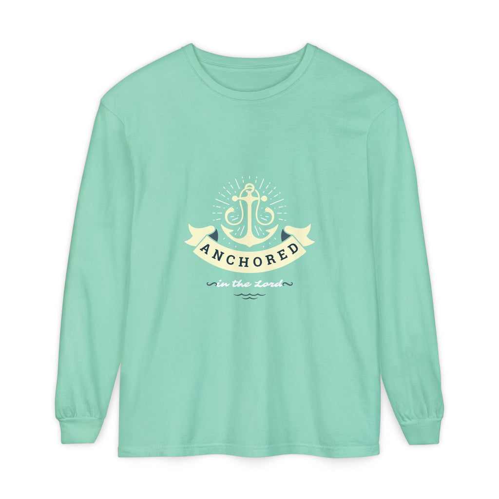Mint green long-sleeve shirt with anchor design and text on a white background