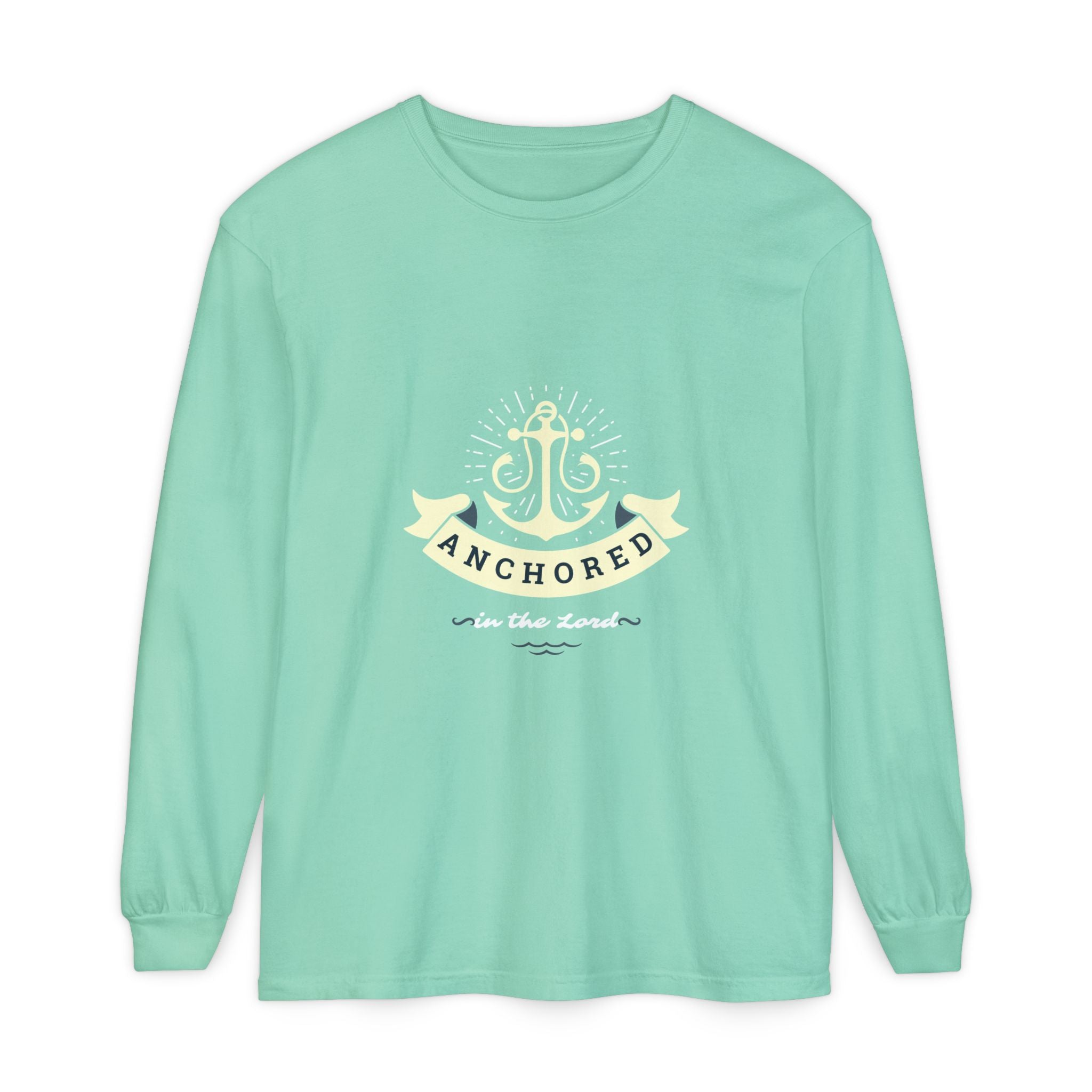Mint green long-sleeve shirt with anchor design and text on a white background