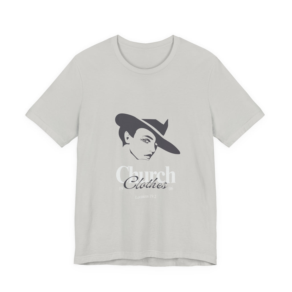 light Gray t-shirt with a graphic of a woman wearing a hat and text on a white background