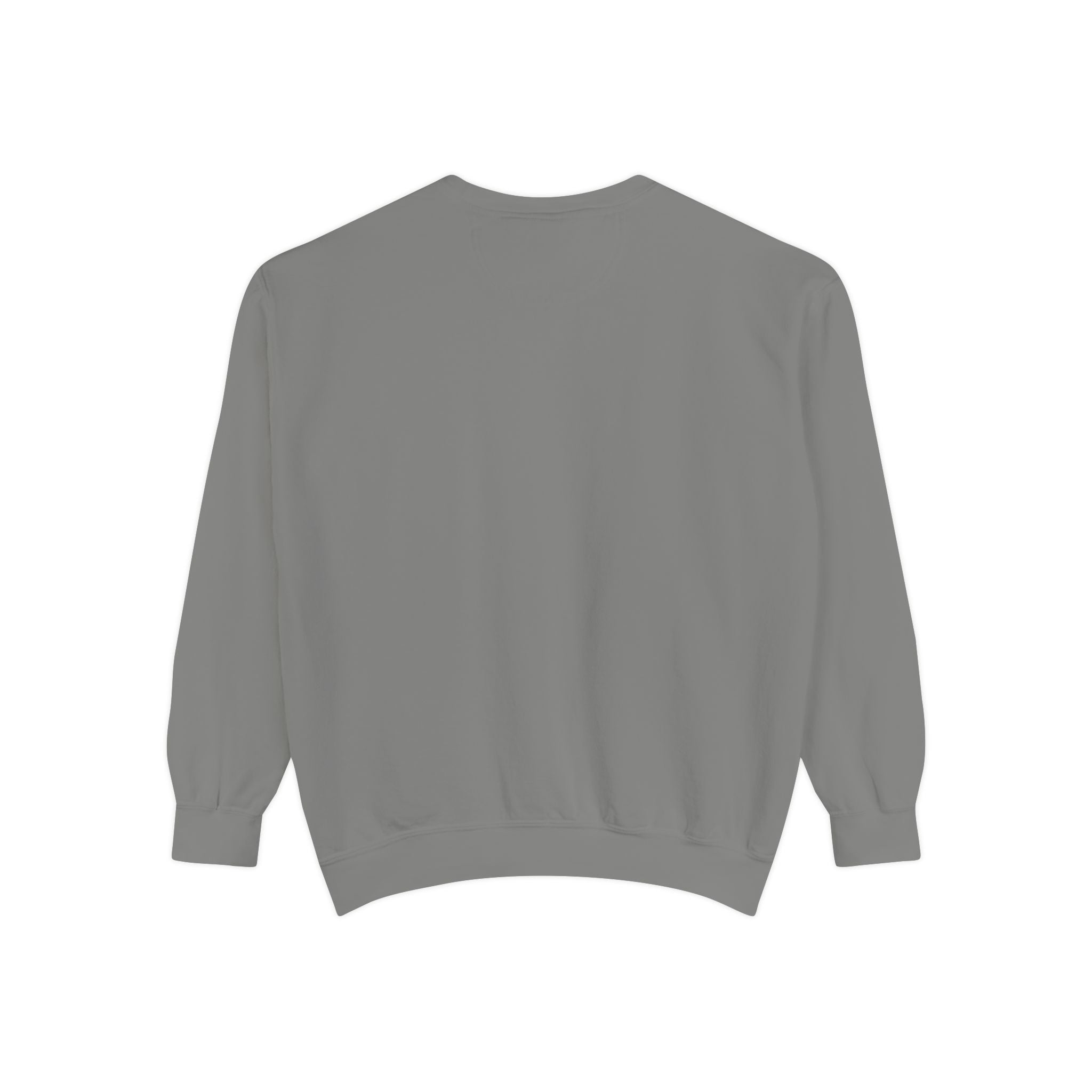 back view of gray sweatshirt on a white background