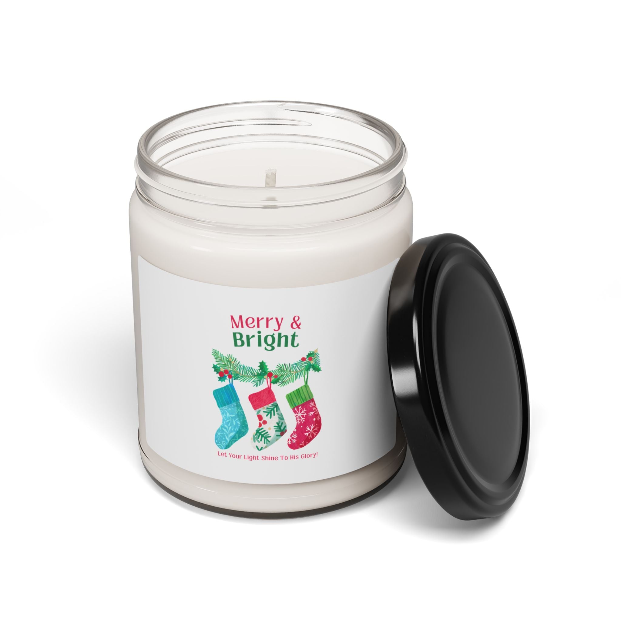 Candle jar with a 'Merry & Bright' label featuring Christmas stockings on a white background