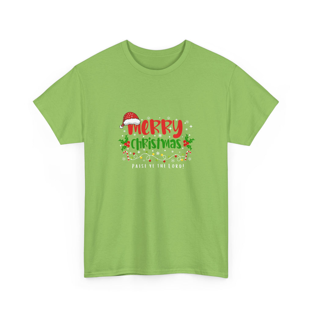 lime Green t-shirt with Christmas-themed design on a white background