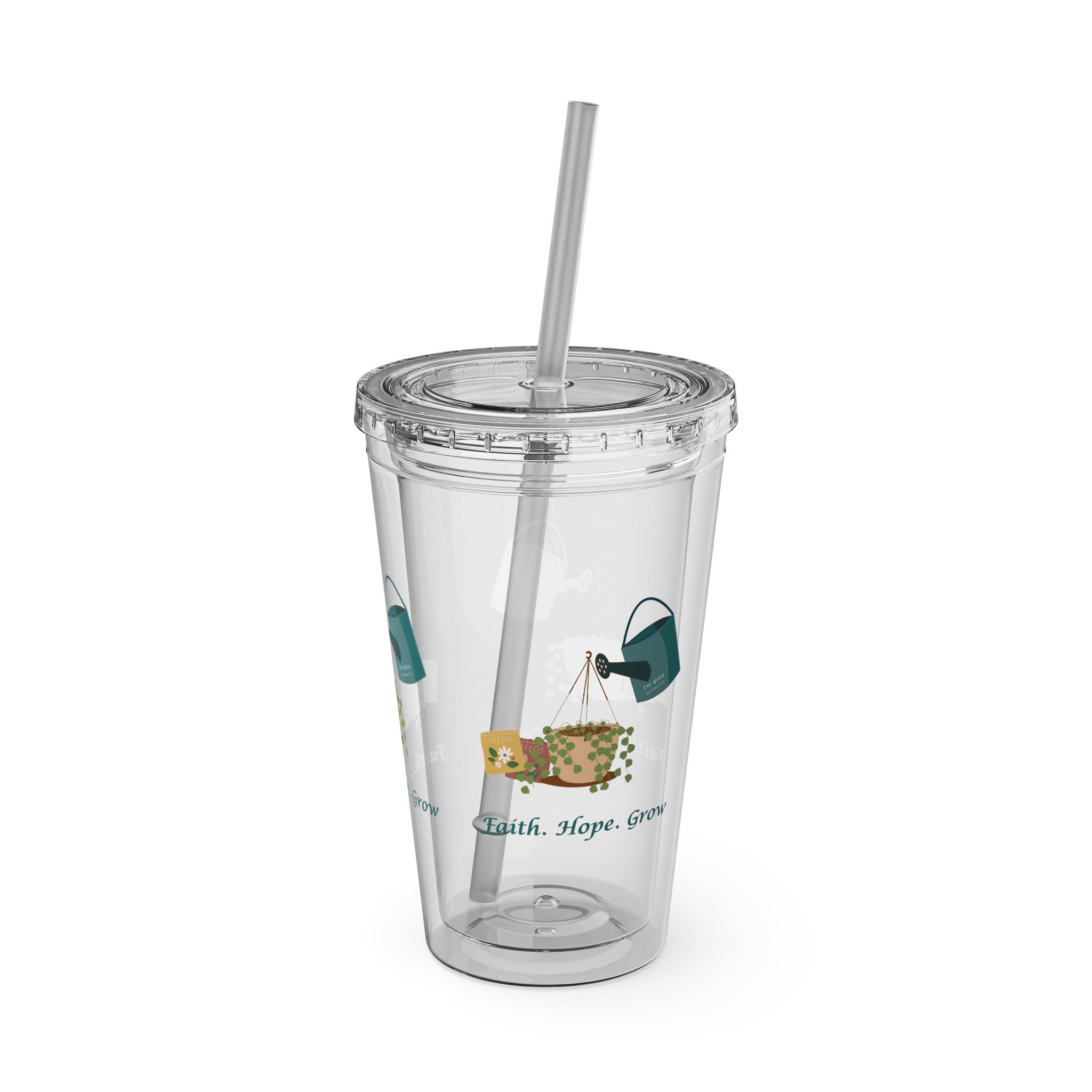 Clear tumbler with a straw, featuring illustrations and text on a white background