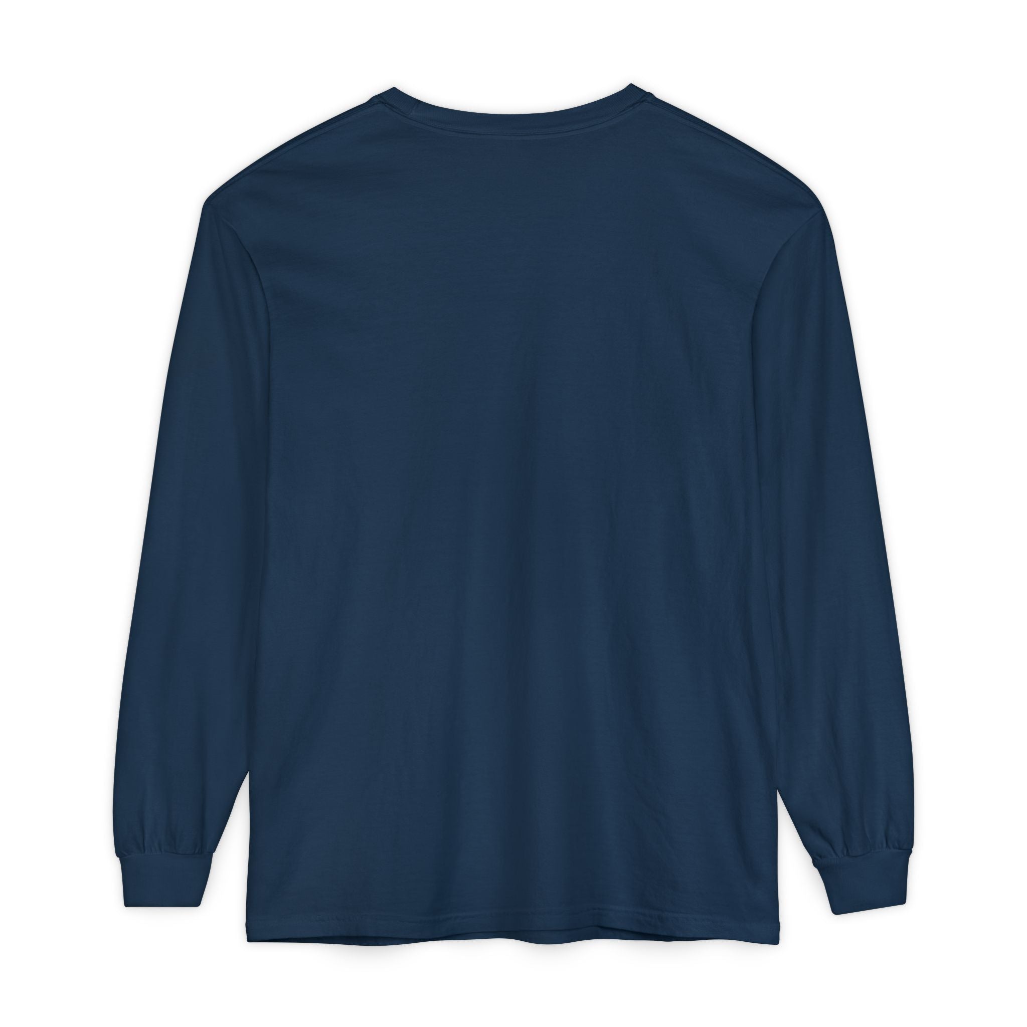 plain back view of Navy blue long-sleeve shirt on a white background