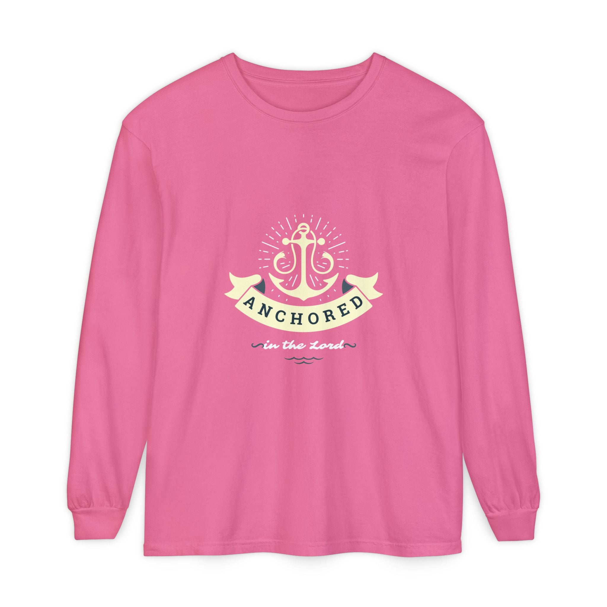 Pink long-sleeve shirt with an anchor design and text on a white background