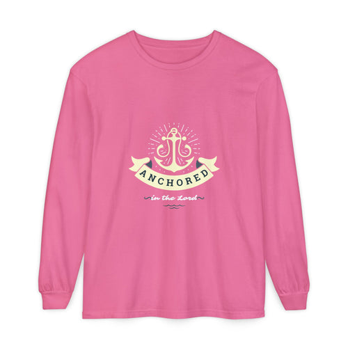 Pink long-sleeve shirt with an anchor design and text on a white background