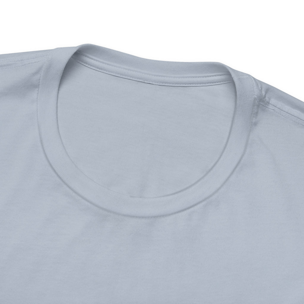 Close-up of a light blue  t-shirt with a focus on the neckline.