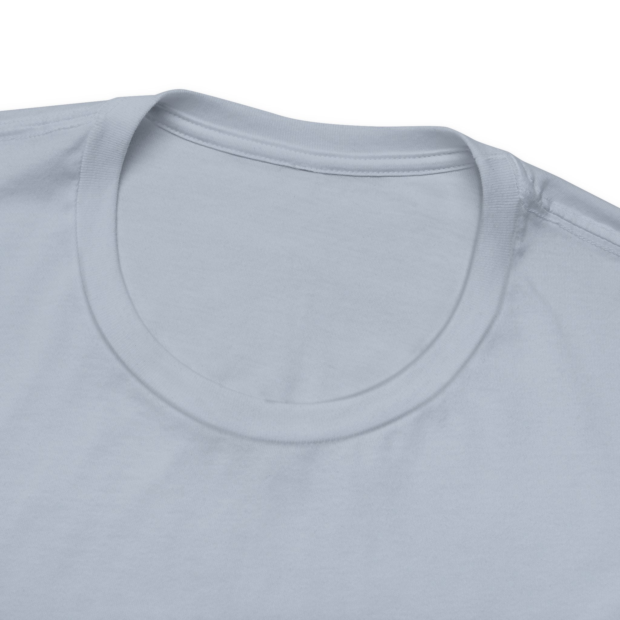 Close-up of a light blue  t-shirt with a focus on the neckline.