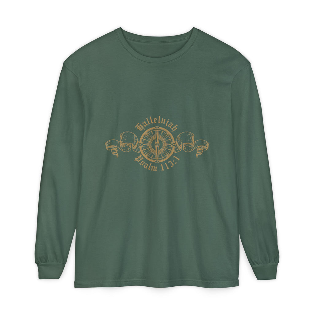 Green long-sleeve shirt with gold design and text on a white background
