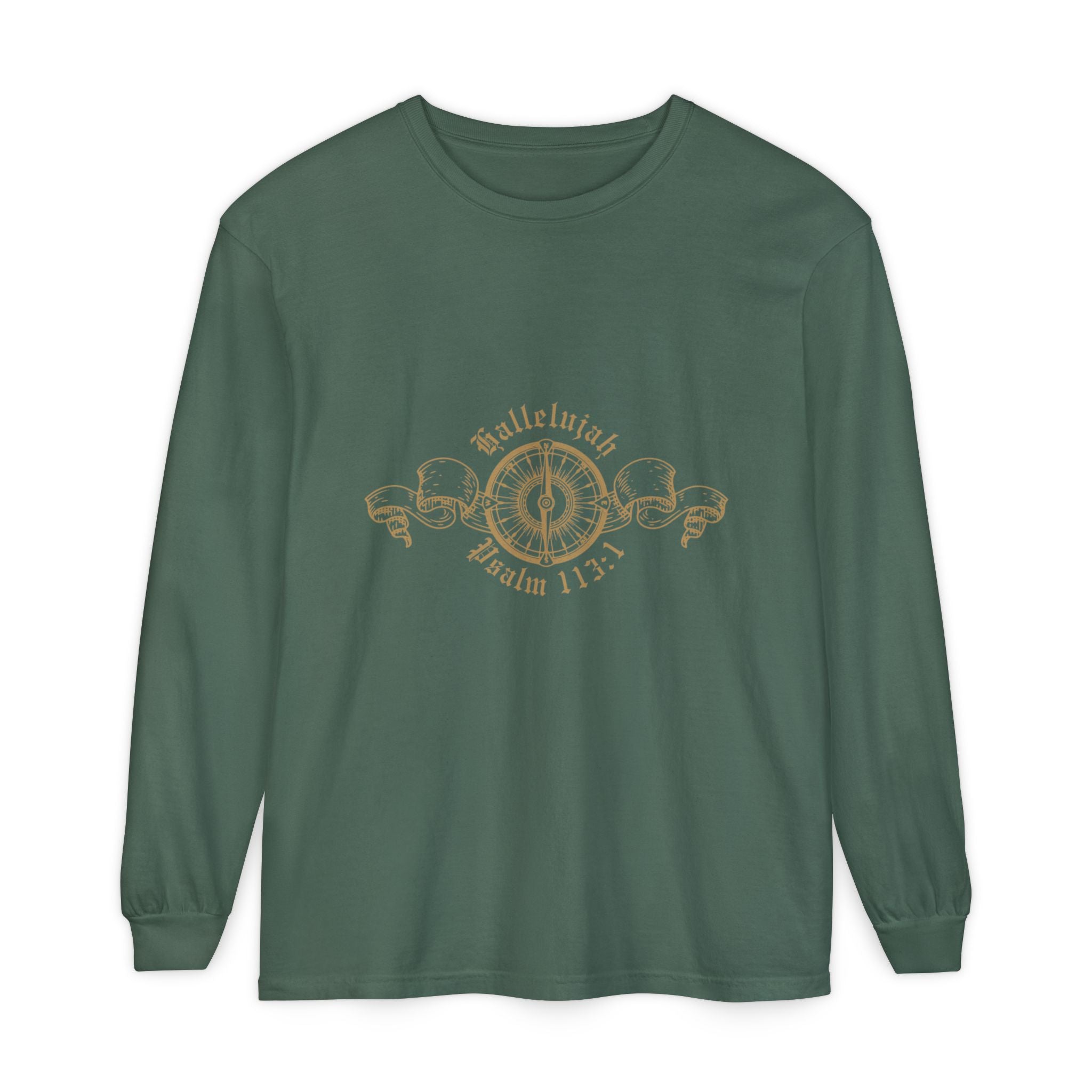 Green long-sleeve shirt with gold design and text on a white background