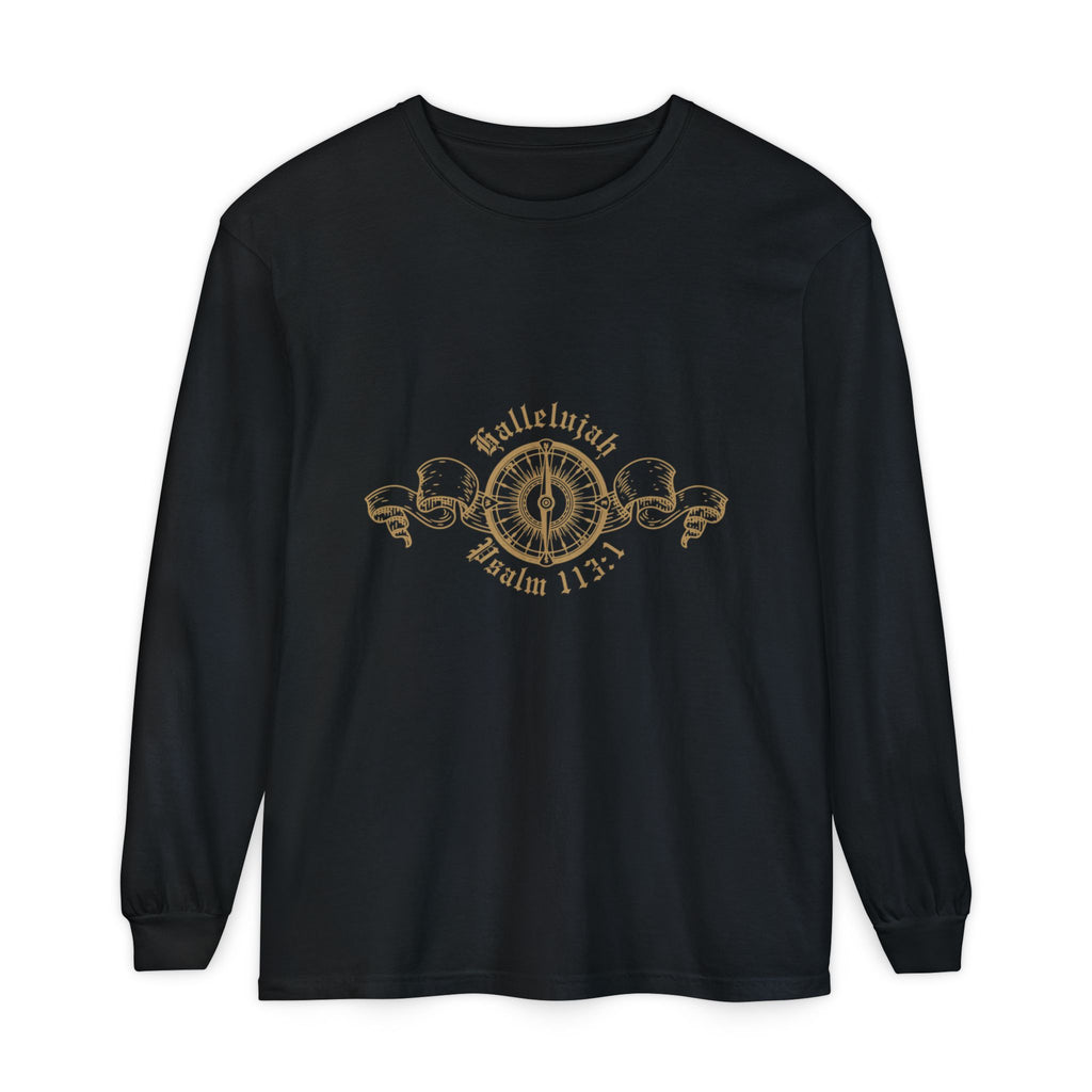Black long-sleeve shirt with gold design and text on a white background