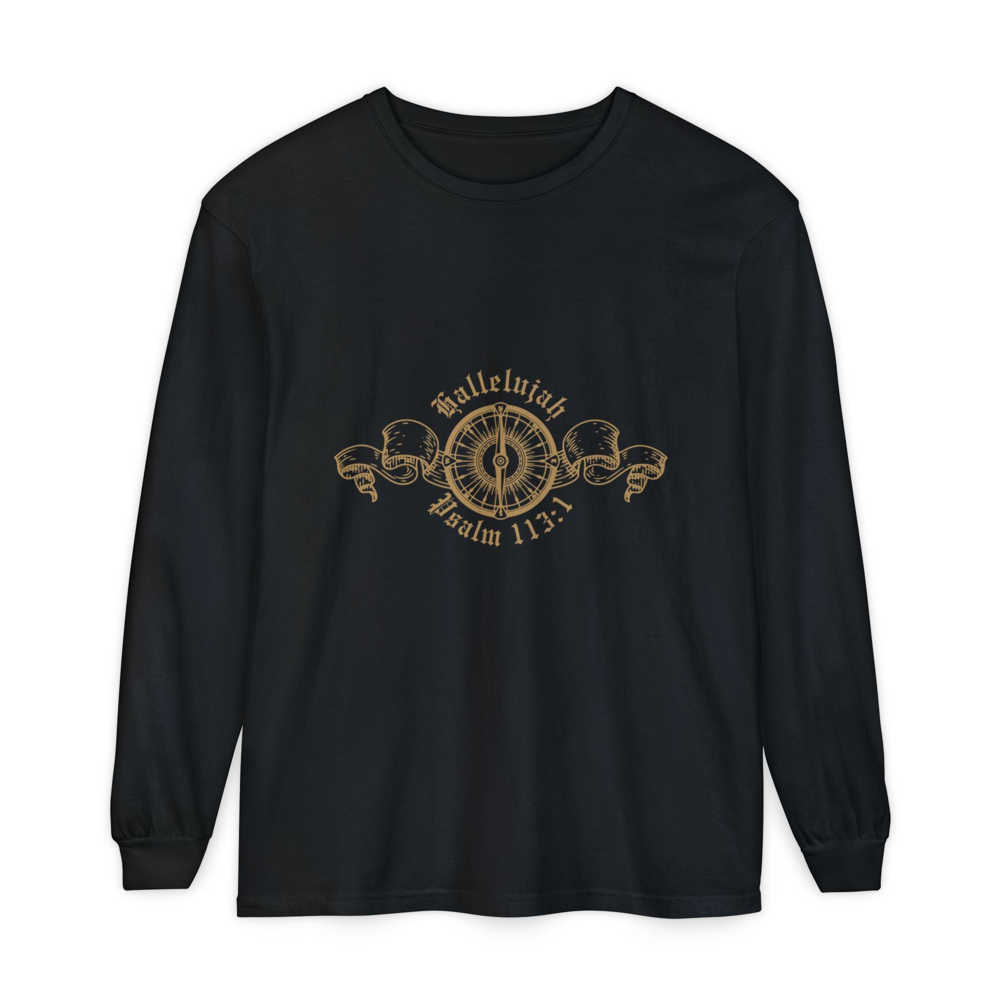 Black long-sleeve shirt with gold design and text on a white background
