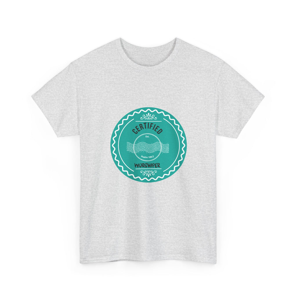 Gray t-shirt with a teal circular logo on a white background