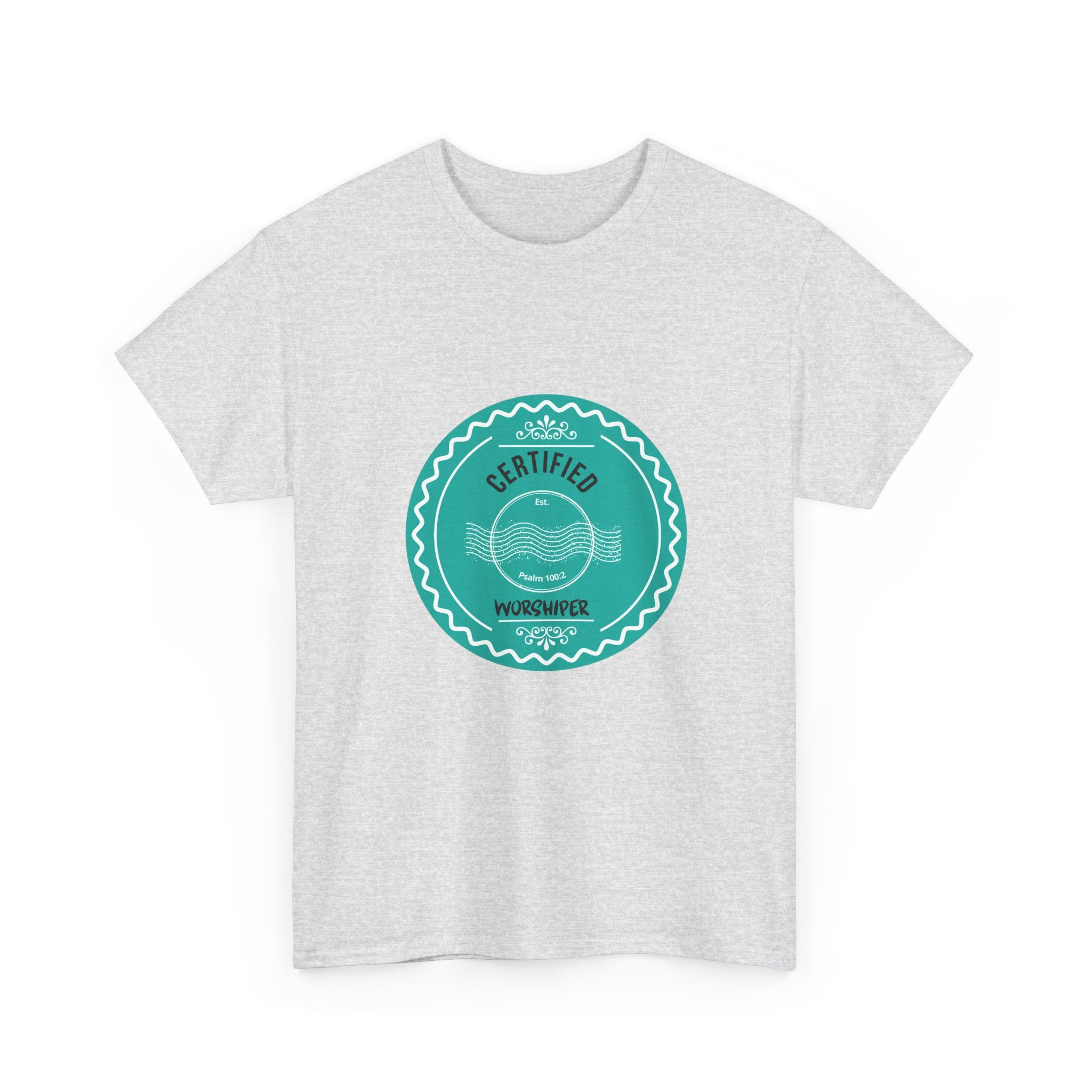 Gray t-shirt with a teal circular logo on a white background