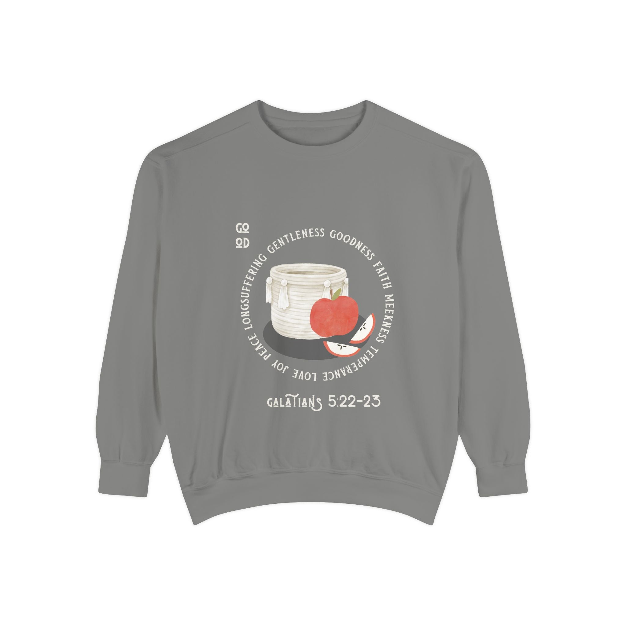 Gray sweatshirt with a graphic design on a white background