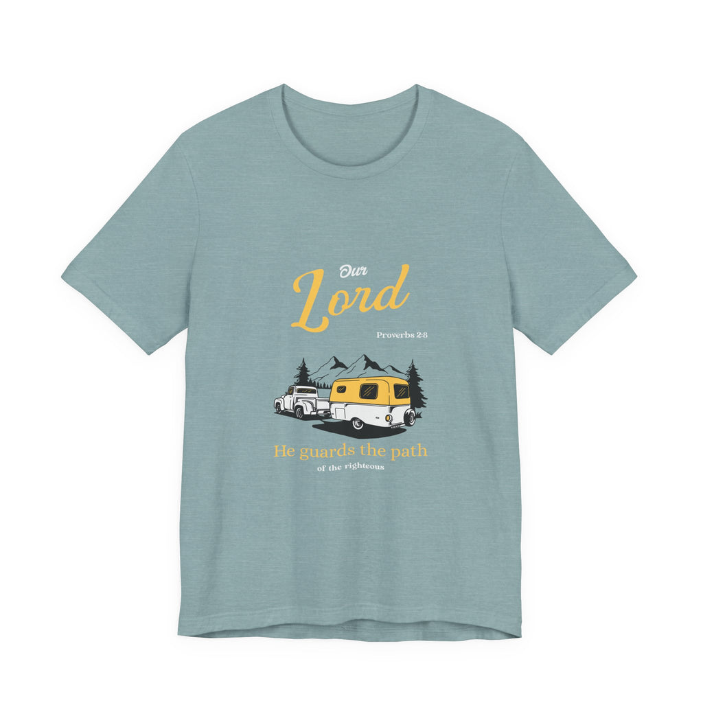 Light blue t-shirt with a graphic of a camper van and text on a white background
