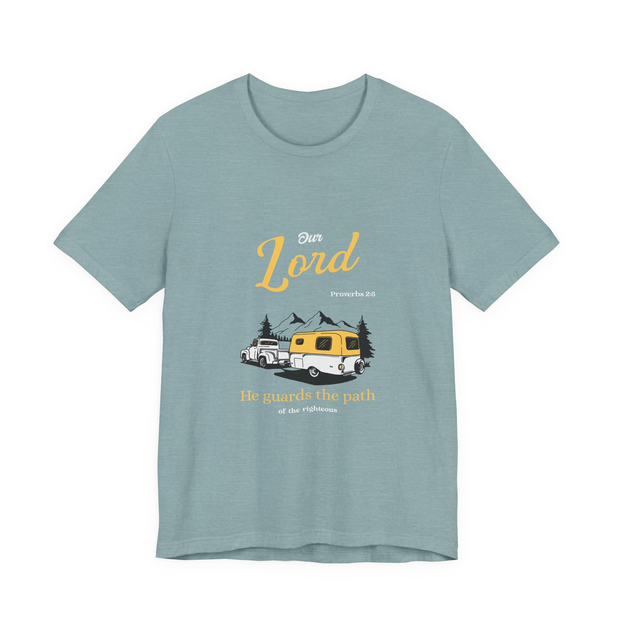 Light blue t-shirt with a graphic of a camper van and text on a white background