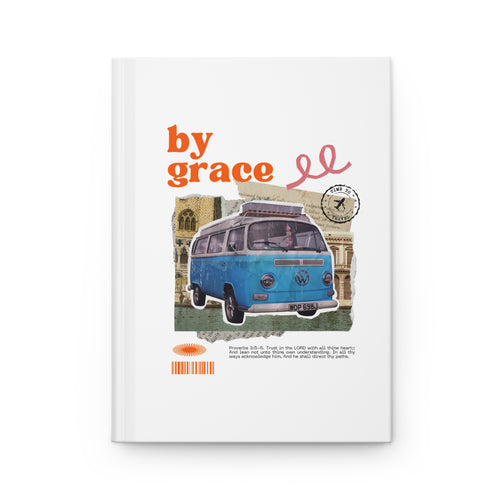 Book cover with a blue van illustration and 'by grace' text on a white background
