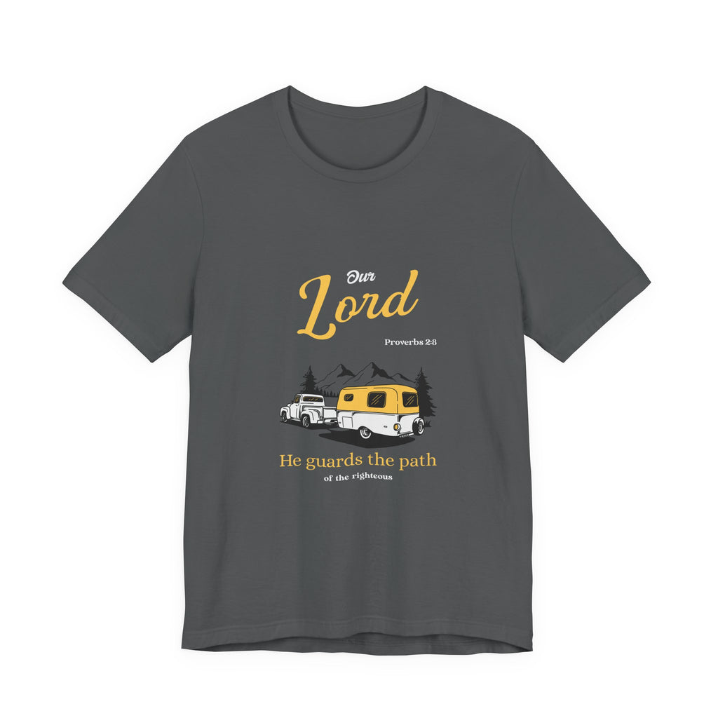 Gray t-shirt with a graphic design of a camper and text on a white background