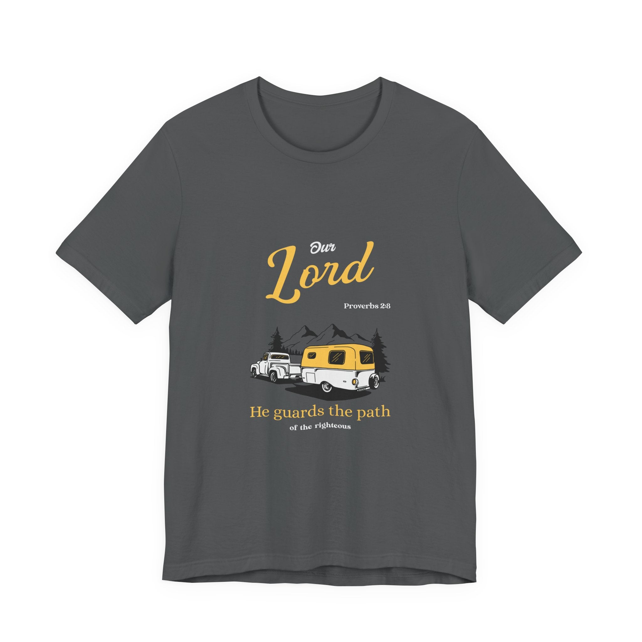Gray t-shirt with a graphic design of a camper and text on a white background