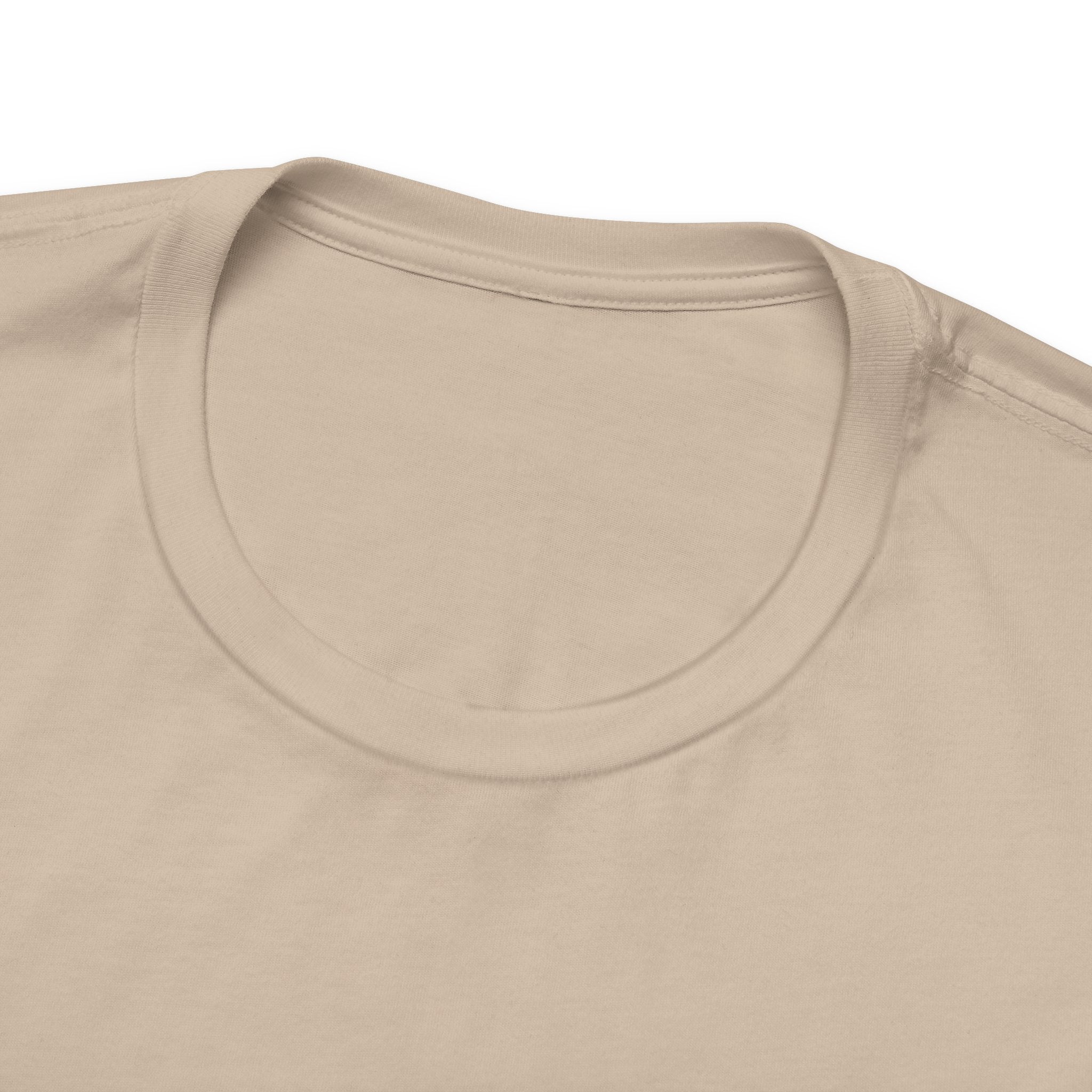 Close-up of a light brown  t-shirt with a focus on the neckline.