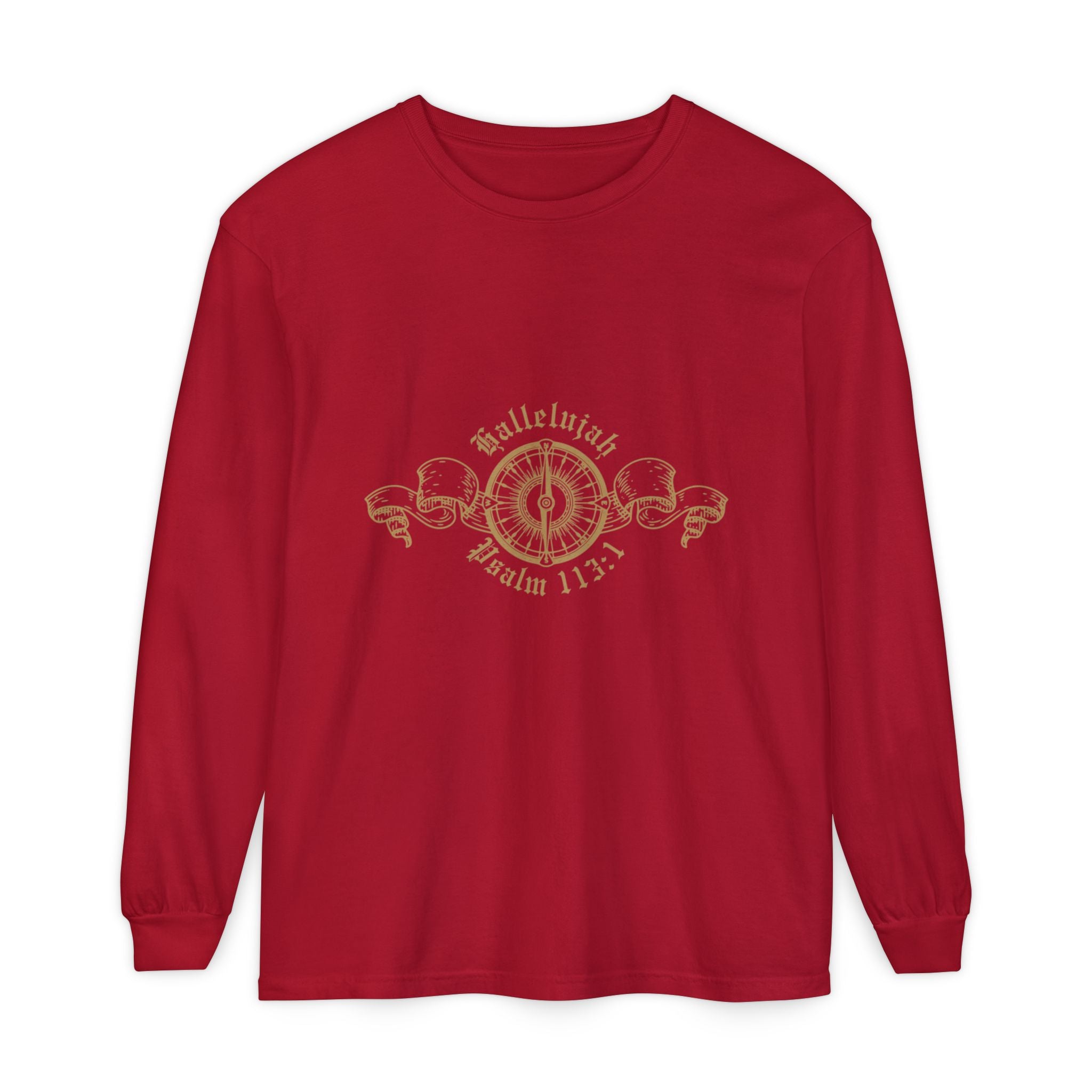 Red long-sleeve shirt with gold design and text on a white background