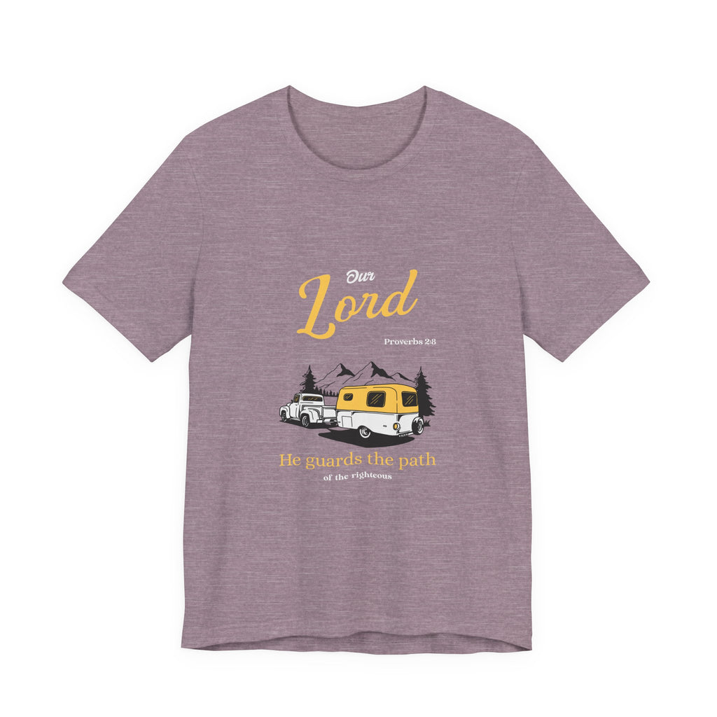 heather Purple t-shirt with a graphic of a camper and text on a white background