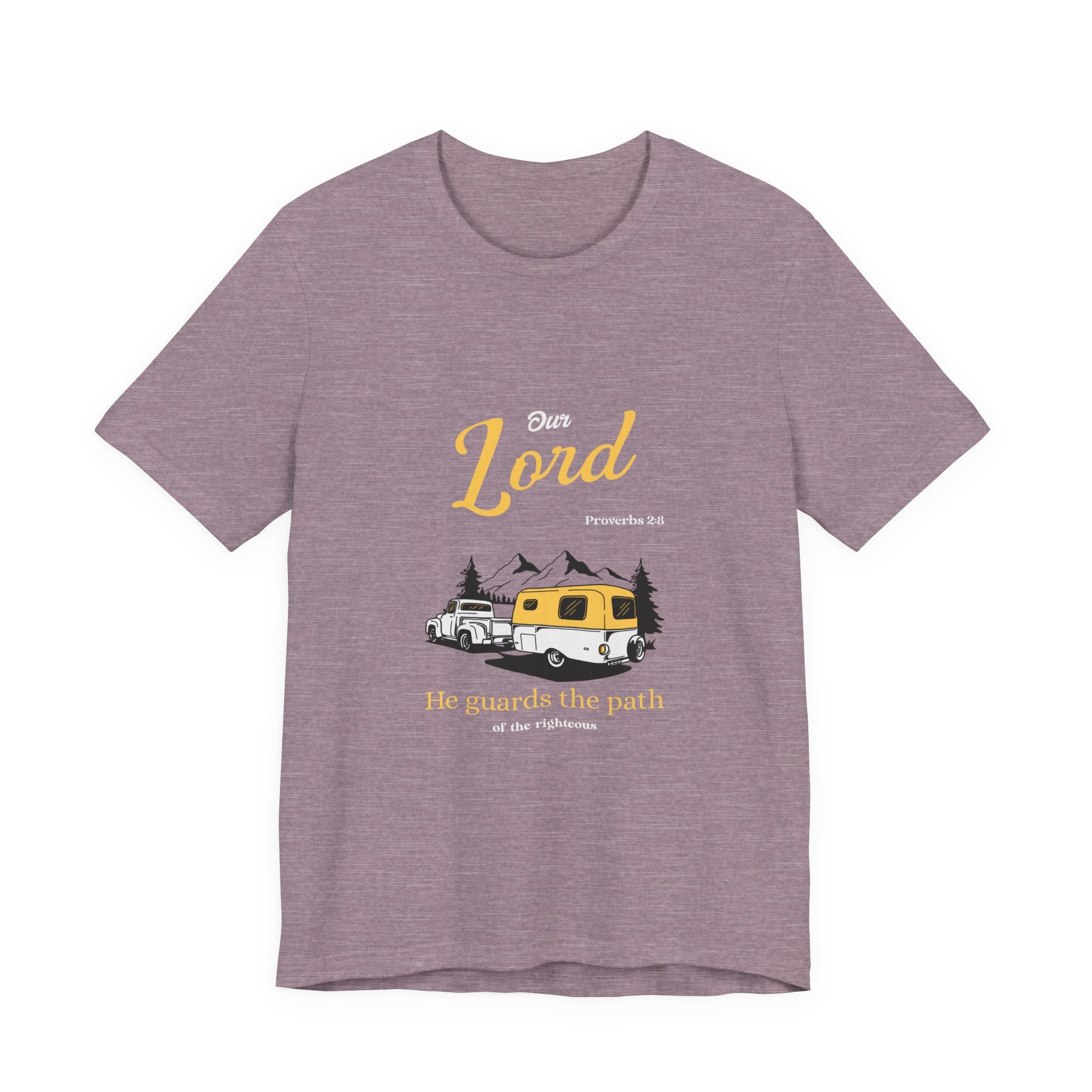 heather Purple t-shirt with a graphic of a camper and text on a white background