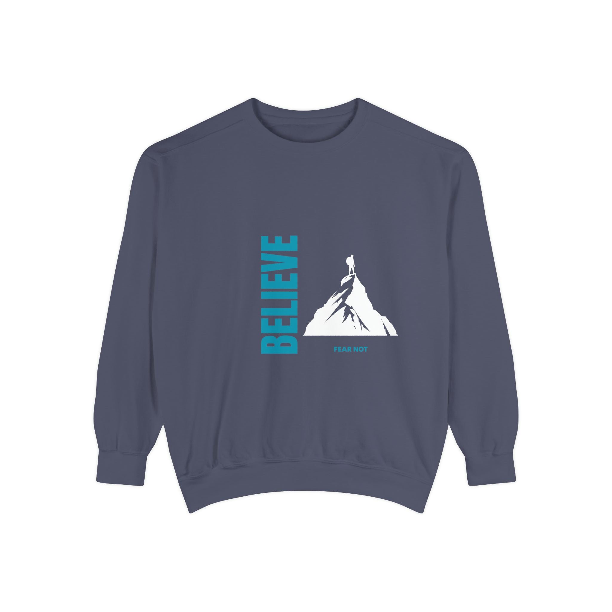 denim blue sweatshirt with 'BELIEVE' and mountain graphic on a white background
