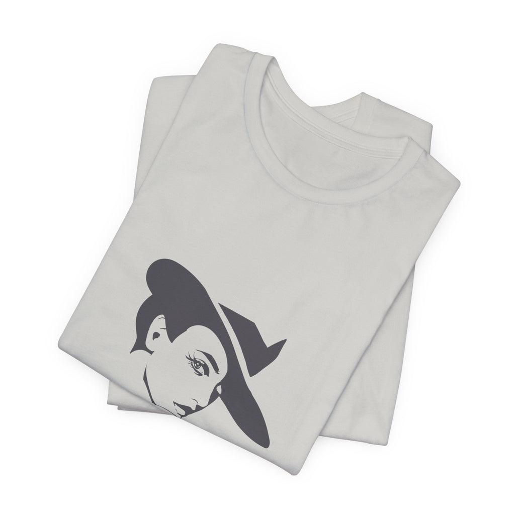 Stack of white t-shirts with a black graphic design on a white background