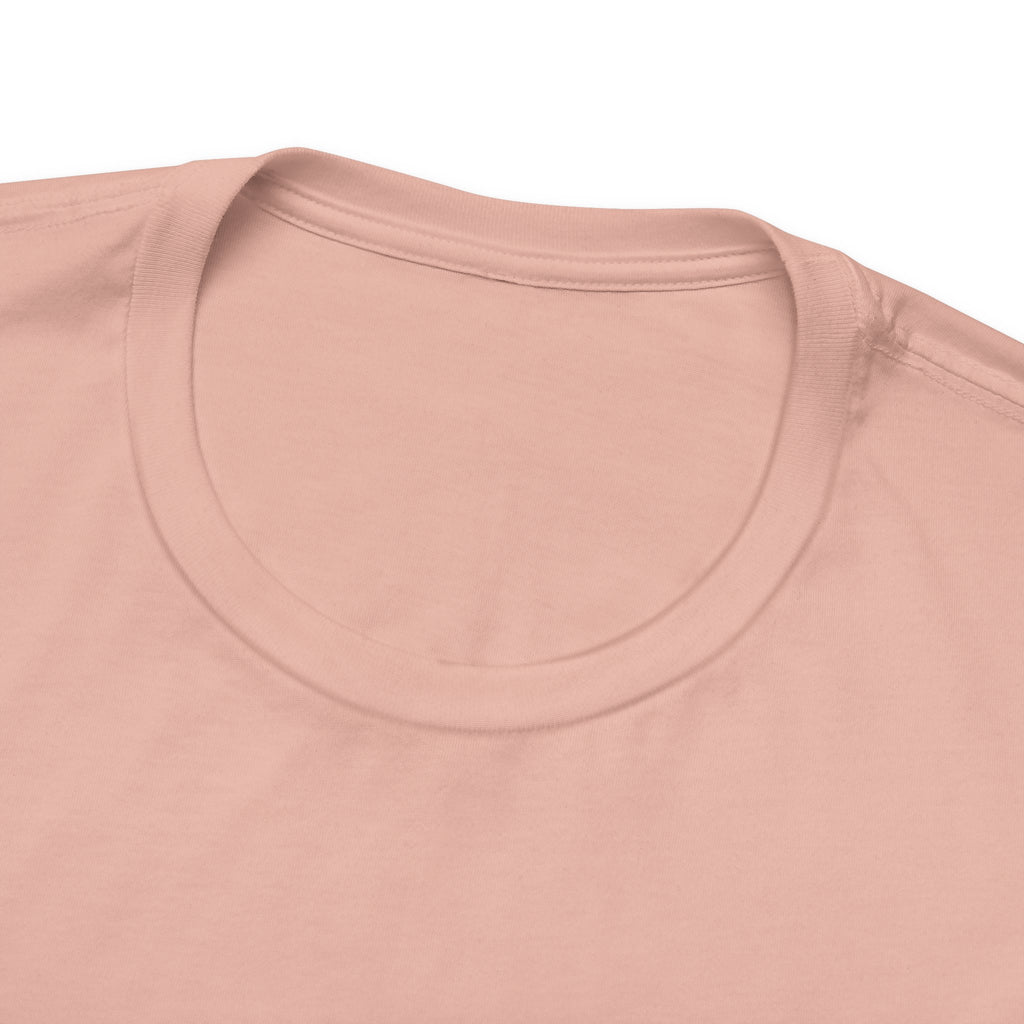 Close-up of a peach t-shirt with a focus on the neckline.