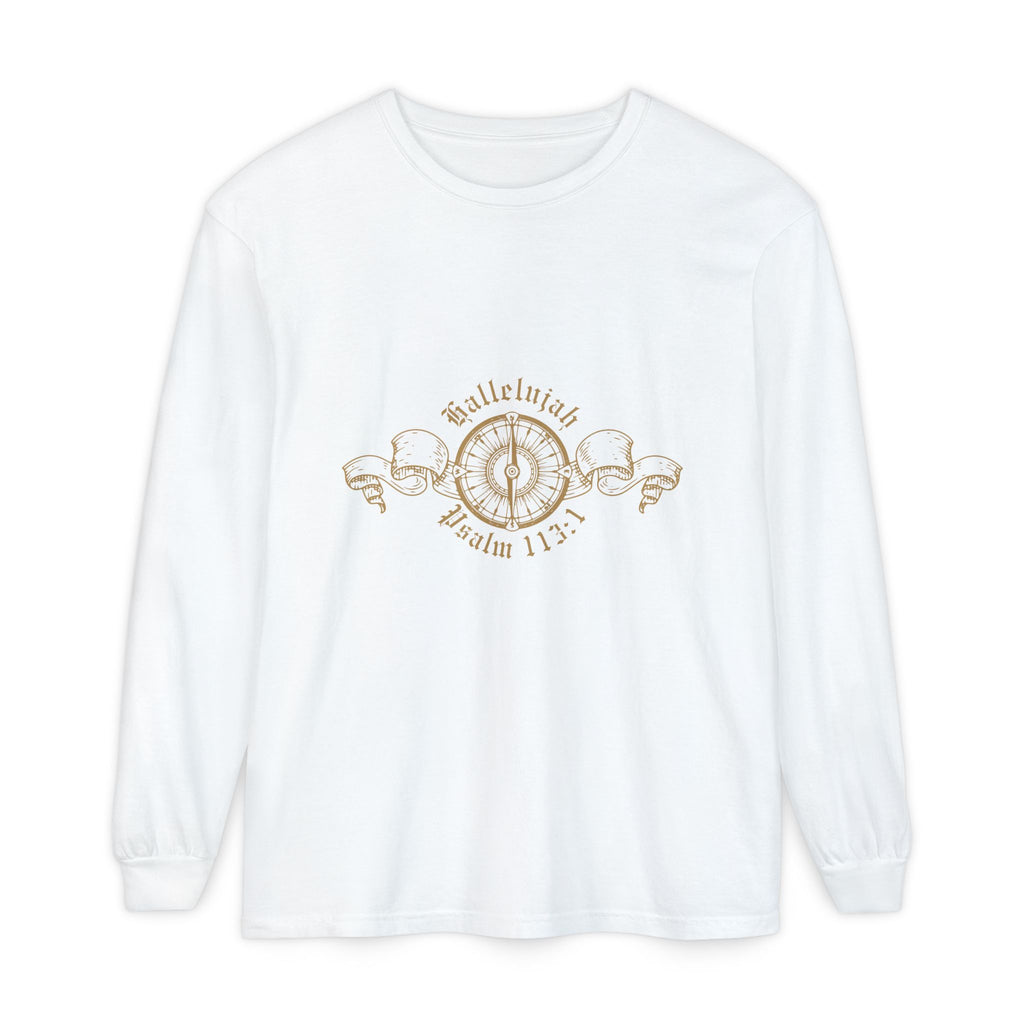 White long-sleeve tee with gold design and text on a white background
