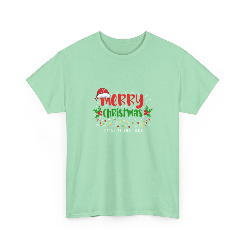 Mint green t-shirt with Christmas-themed design on a white background