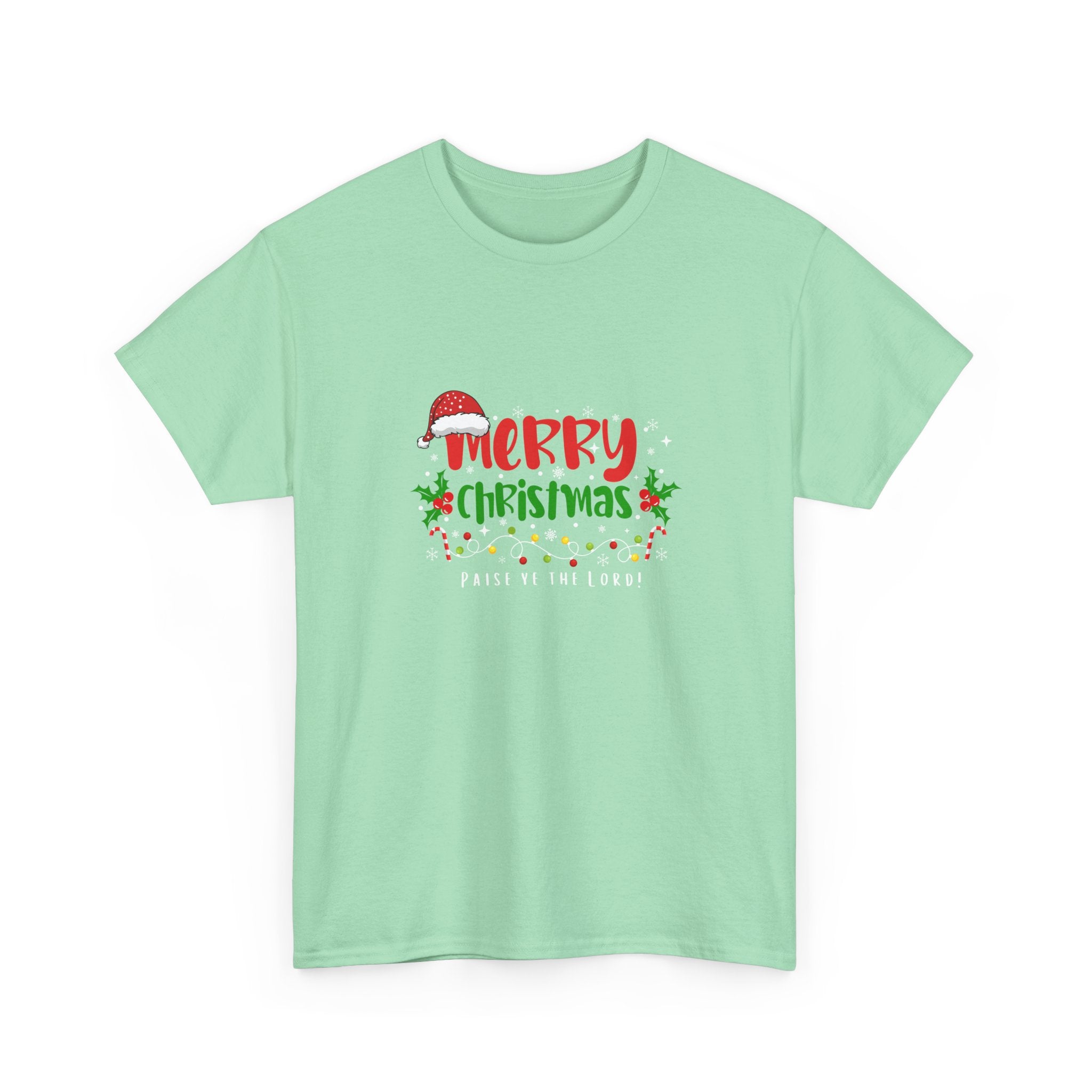 Mint green t-shirt with Christmas-themed design on a white background