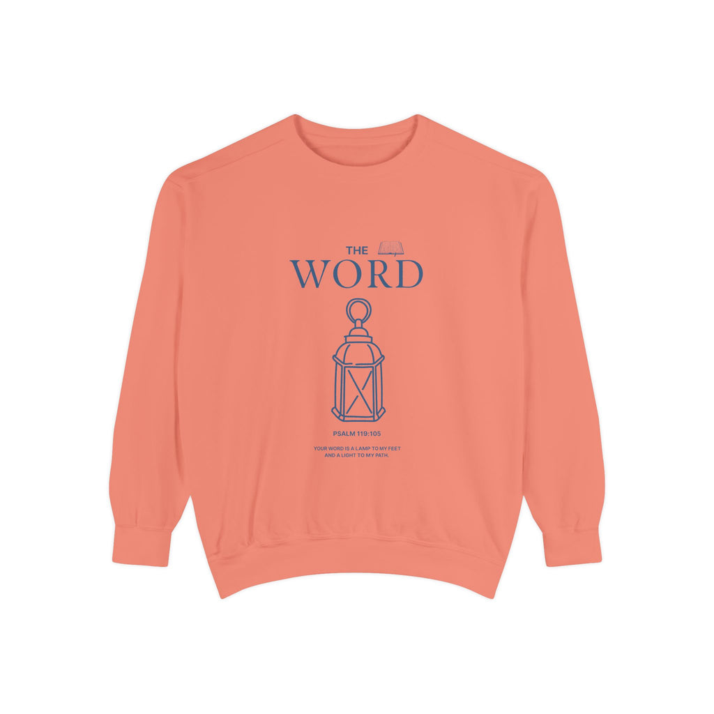 peach sweatshirt with 'The Word' graphic design on a white background